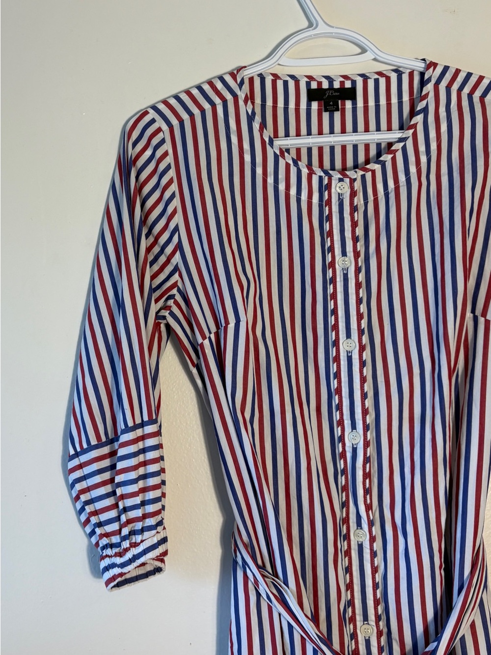 J. Crew Striped Tie Waist Cotton Shirt Midi Dress Size 4 Blue Red White Casual - Picture 4 of 11